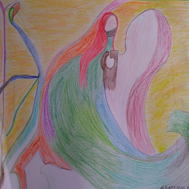 disegno a matite colorate in cui forme isomorfe di donne si specchiano