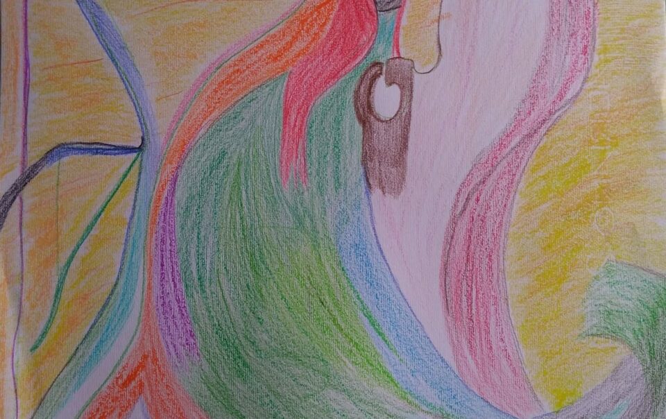 disegno a matite colorate in cui forme isomorfe di donne si specchiano