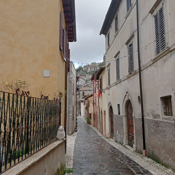 vicolo sotto la pioggia in mezzo a palazzi